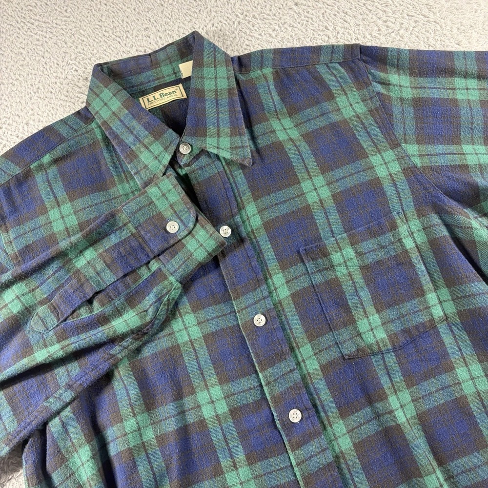 Vintage L.L Bean Flannel Button Up Shirt Mens Large Green Blue Plaid Maine USA